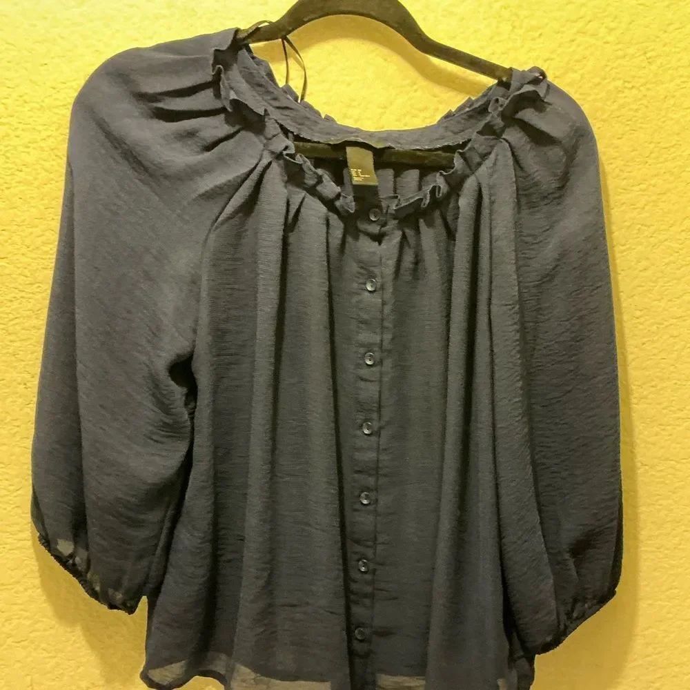 H&M Navy Blue Blouse with Ruffle Detail